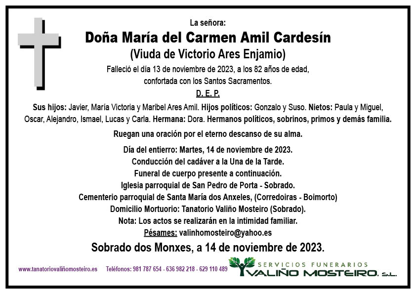 Esquela de María del Carmen Amil Cardesín.